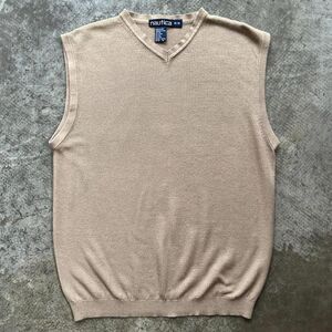 Nautica Silk Cotton Blend V-Neck Sweater Vest Tan Beige Medium Old Money Prep